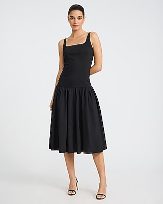 Poplin Scoop Neck Sleeveless Drop Waist Midi Dress