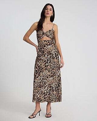 Satin Leopard V-neck Sleeveless Cutout Midi Dress