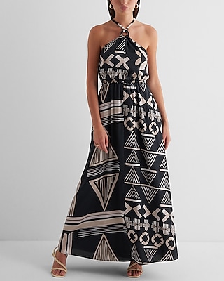 Satin Printed Halter Neck O-ring Maxi Dress | Express
