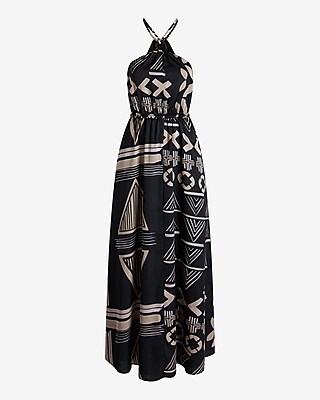 Satin Printed Halter Neck O-ring Maxi Dress | Express