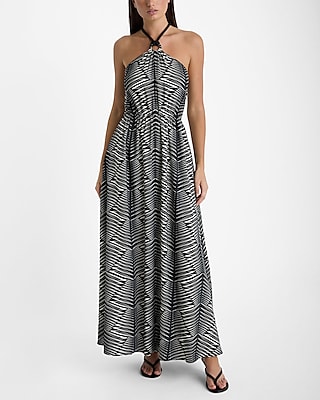 Printed Halter O-Ring Sleeveless Maxi Dress