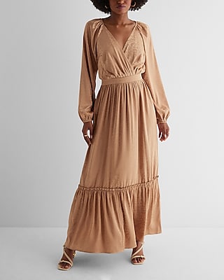 Satin Floral Jacquard V-Neck Tiered Maxi Dress