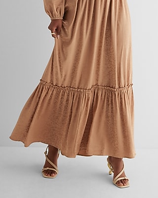 Satin Floral Jacquard V-Neck Tiered Maxi Dress