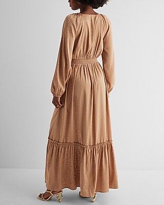 Satin Floral Jacquard V-neck Tiered Maxi Dress Express