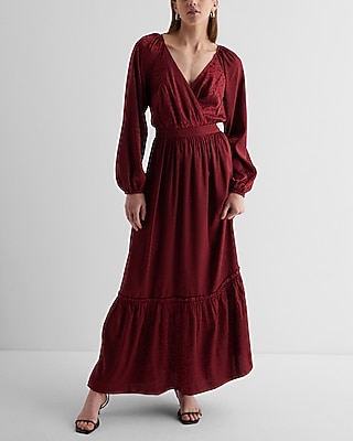 Satin Floral Jacquard V-neck Tiered Maxi Dress | Express