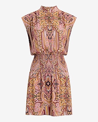 Printed Mock Neck Smocked Waist Mini Dress