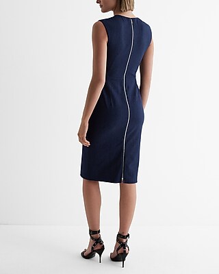 Twill Crew Neck Cap Sleeve Back Zipper Midi Sheath Dress | Express