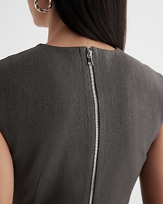 detached sleeve dress グレー　S Crew Neck Cap Sleeve Back Zipper Midi Sheath Dress | Express