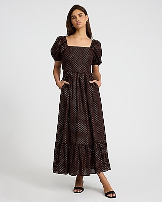 Metallic Dot Square Neck Puff Sleeve Maxi Dress