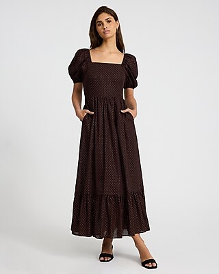 Metallic Dot Square Neck Puff Sleeve Maxi Dress