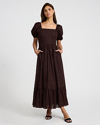 Metallic Dot Square Neck Puff Sleeve Maxi Dress
