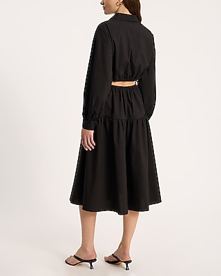 Tie Side Cutout Drop Waist Midi Shirt Dress