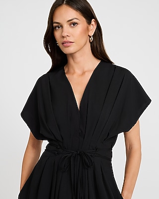 V-Neck Pleated Button Front Tie Waist Midi Dress with Pockets