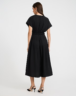 V-Neck Pleated Button Front Tie Waist Midi Dress with Pockets