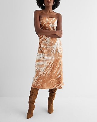 Printed Satin Strapless Midi Slip Dress