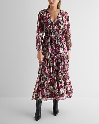 Metallic Floral V-Neck Long Sleeve Tiered Maxi Dress