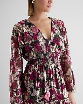Metallic Floral V-Neck Long Sleeve Tiered Maxi Dress