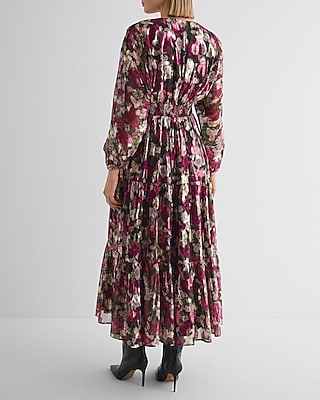 Metallic Floral V-Neck Long Sleeve Tiered Maxi Dress