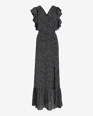 Polka Dot Surplice Flutter Sleeve Smocked Waist Maxi Dress