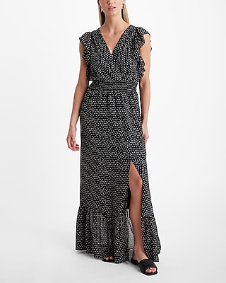 Polka Dot Surplice Flutter Sleeve Smocked Waist Maxi Dress