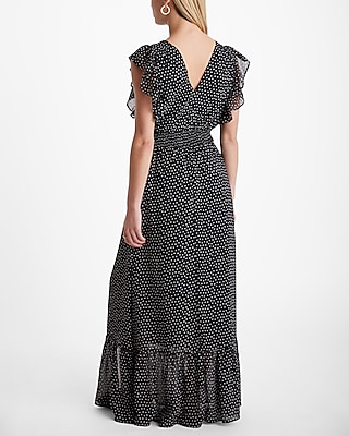 Polka Dot Surplice Flutter Sleeve Smocked Waist Maxi Dress