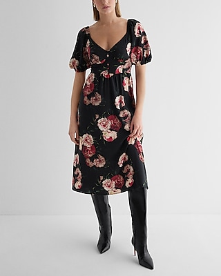 Floral V-neck Puff Sleeve Button Front Tie Back Midi Dress