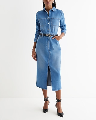 Denim Long Sleeve Front Slit Midi Shirt Dress Express