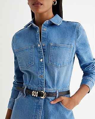 express denim shirt dress Denim Long Sleeve Button Front Midi Shirt Dress With Pockets