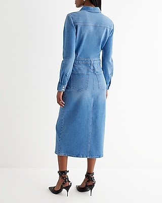 Denim Long Sleeve Button Front Midi Shirt Dress With Pockets | Express