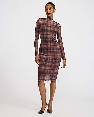 Plaid Mesh Mock Neck Long Sleeve Midi Sheath Dress
