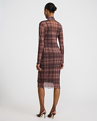 Plaid Mesh Mock Neck Long Sleeve Midi Sheath Dress