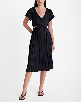 Satin V-neck Flutter Sleeve Pleated Cutout Midi Dress | Express