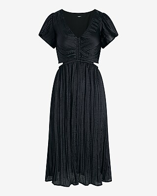 Satin V-neck Flutter Sleeve Pleated Cutout Midi Dress | Express