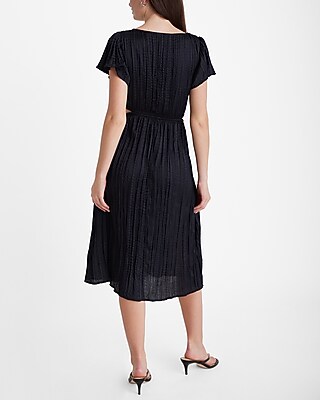 Satin V-neck Flutter Sleeve Pleated Cutout Midi Dress | Express