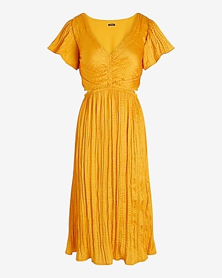 Satin V-Neck Flutter Sleeve Pleated Cutout Midi Dress