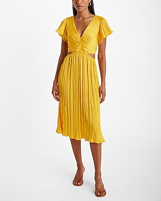 Satin V-Neck Flutter Sleeve Pleated Cutout Midi Dress