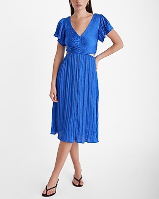Satin V-neck Flutter Sleeve Pleated Cutout Midi Dress | Express