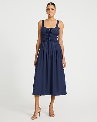 Scoop Neck Tie Front Keyhole Tiered Midi Dress