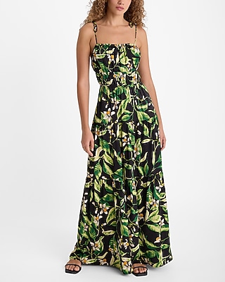 Floral Square Neck Sleeveless Tie Shoulder Ruched Tiered Maxi Dress