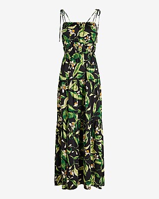 Floral Square Neck Sleeveless Tie Shoulder Ruched Tiered Maxi Dress