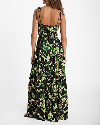 Floral Square Neck Sleeveless Tie Shoulder Ruched Tiered Maxi Dress