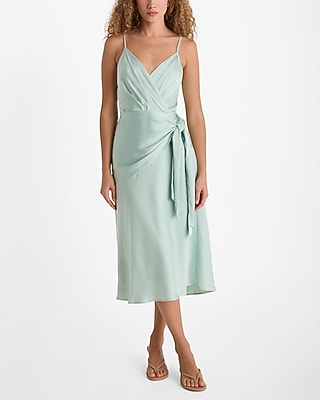 Satin V-neck Sleeveless Tie Waist Surplice Midi Dress | Express