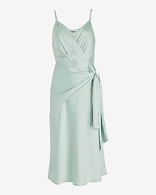 Satin V-Neck Sleeveless Tie Waist Surplice Midi Dress