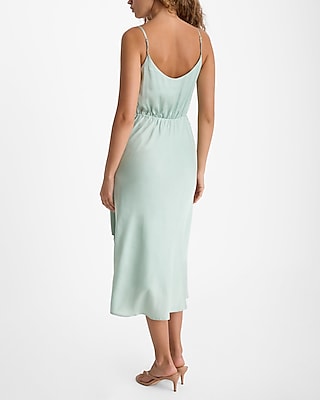 Satin V-Neck Sleeveless Tie Waist Surplice Midi Dress