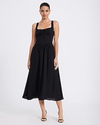 Tie Neck Dipped Waist Smocked Back Midi Dress with Pockets