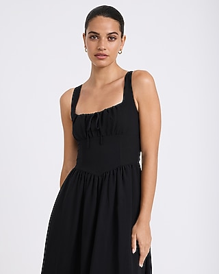 Tie Neck Dipped Waist Smocked Back Midi Dress with Pockets