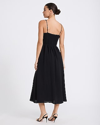 Tie Neck Dipped Waist Smocked Back Midi Dress with Pockets