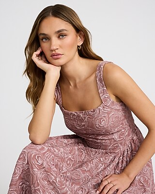 Floral Jacquard Square Neck Drop Waist Midi Dress | Express