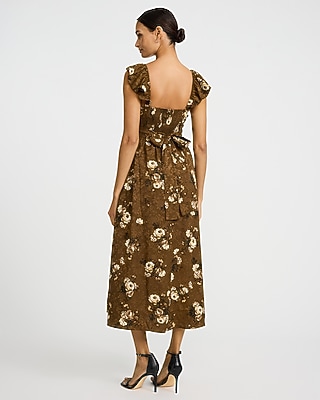 Floral Jacquard Sweetheart Sleeveless Corset Midi Dress