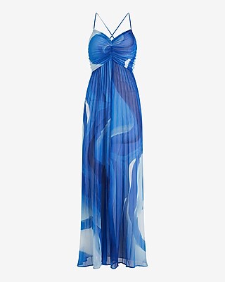 Printed V-neck Pleated Cross Back Maxi Dress | Express